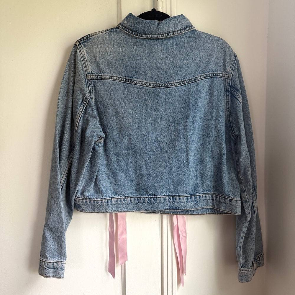 ASOS Miss Selfridge Denim Jacket with Satin Ribbon in Mid Blue Wash - Picture 2 of 2